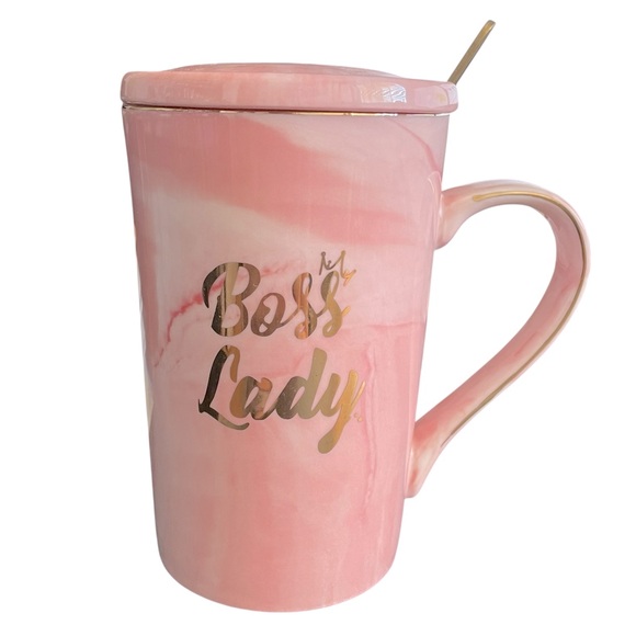 Other - Boss Lady Ceramic Mug With Lid and Long Spoon Pink and White Marble 14 oz.